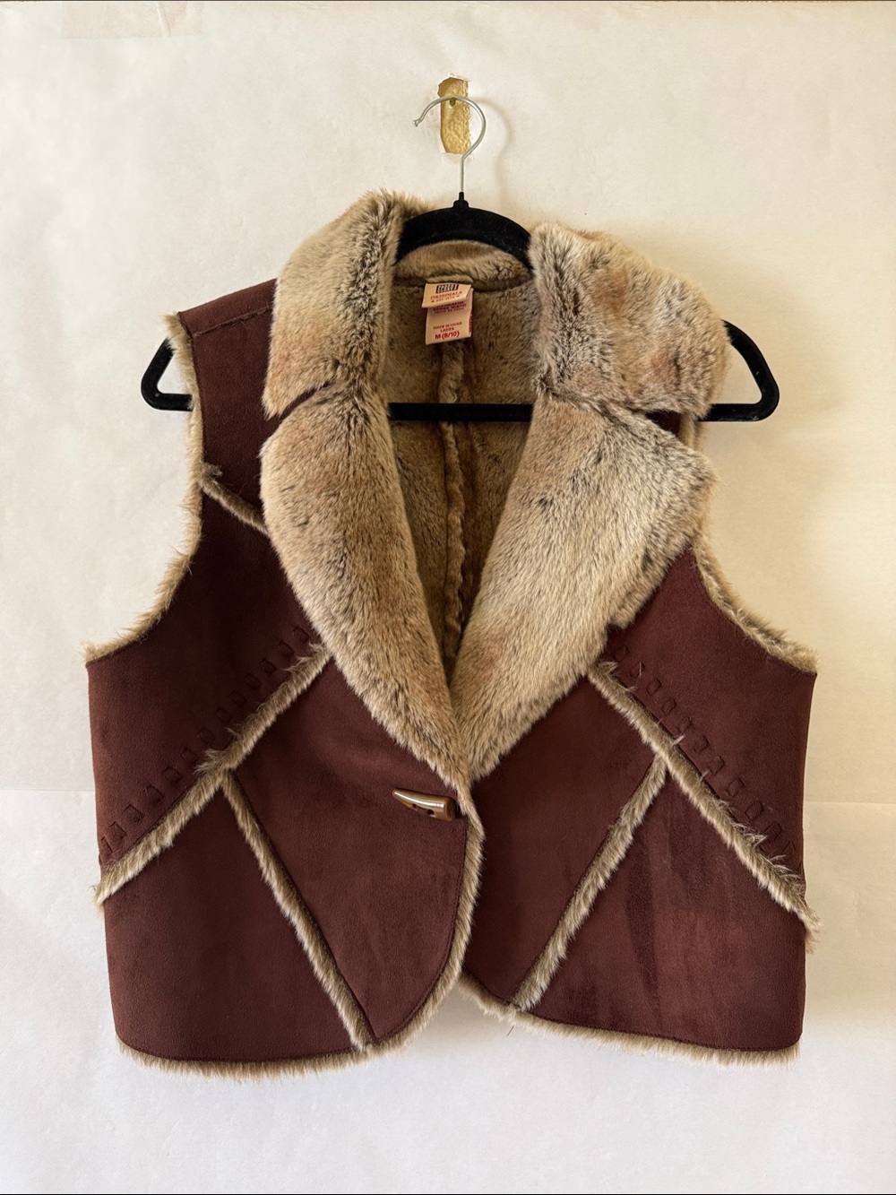 Faded Glory Y2K Faux Fur Suede Vest Size M Brown Toggle Cropped Boho Western